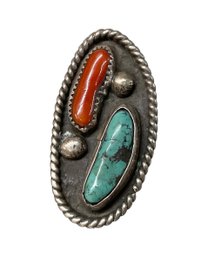 Antique Native American Coral And Sterling Ring Old Pawn