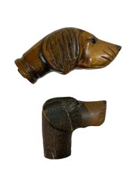 Pair Of Antique Hand Carved Wood Dog Cane Toppers