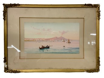 Signed Original Antique Gouache In Gilt Frame Mt Vesuvius Beach