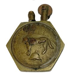 Antique Brass Lighter With Dog Peeing On Pith Helmet