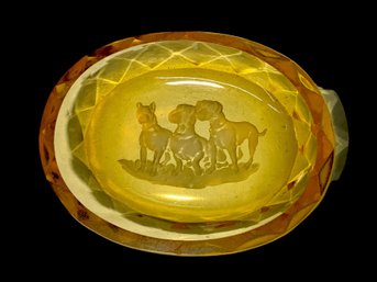 Cut Glass Engraved Dog Intaglio Salt Cellar Yellow