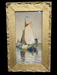 Signed Early Original Gouache And Pastel Boat Scene