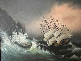 Antique Oil On Board Folk Art Scene Of A Ship In Storm