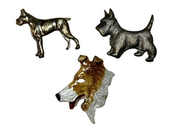 Trio Of Vintage Dog Pins, Two Sterling, Boxer, Collie, Scottie