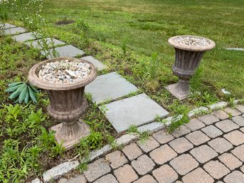 Pair Of 24 Inch Tall Concrete Garden Urns With Decorative Pebbles