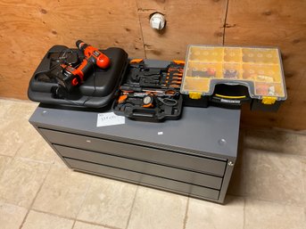 BD Three Drawer Metal Tool Chest With Tools In Every Drawer Black And Decker Electric Screw Gun