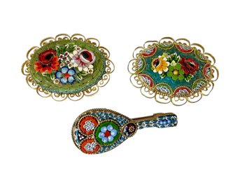 Trio Of Vintage Micro Mosaic Glass Brooches