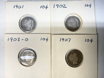 Four Barber Dimes 1901, 1902, 1903-O, And 1907