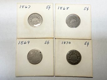 Four Shield Nickels 1867, 1868, 1869, And 1870