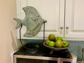 BA Decorative Stoneware Fish And Southwestern Style Signed Porcelain Bowl With Faux Pears