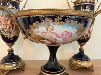 3C Two Enamel Painted Urns And Basin, Porcelain, Age Unknown