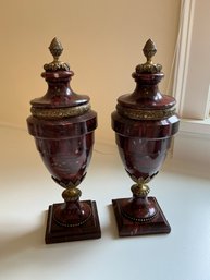 3C Pair Of Blood Red Marble Decorative Urns