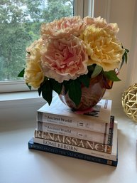 3C Decorative Glass Vase With Faux Flowers And A Stack Of Art Books