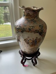 3C Large Japanese Style Floor Porcelain  Vase On Wooden Stand 32 Inches Tall