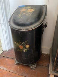 Antique Tole Painted Ash Bin W Coal Hard