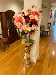 3D Gold Color Composite Material Cherub Plinth With Large Vase Of Faux Roses