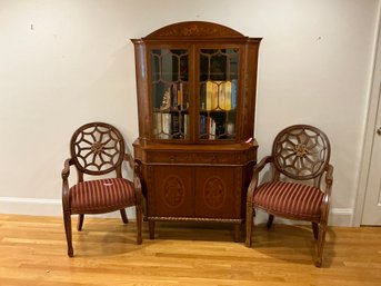 3D French Style Glass Front Bookcase Inlaid Decoration With Contents And Pair Of King Louis Style Chairs