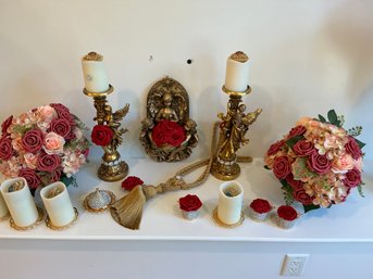 3D Lot Of Gold Color Composite Angels Faux Rose Urns Vases Etc