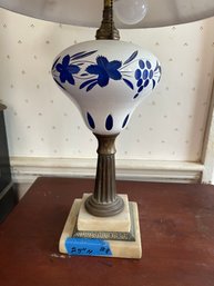 Cobalt Blue Cut-to-clear Bohemian Czech Glass Lamp W Marble Base