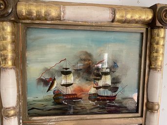 Antique Reverse Painted Mirror W USS Constitution Revolutionary War Scene