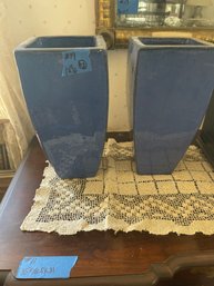 Pair Of Blue Terra-Cotta Pottery Square Vases