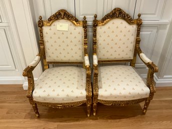 2J Pair Of French Style Gilt And Carved Wood Upholstered Armchairs