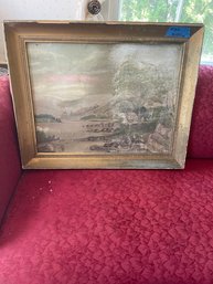 Antique Oil Painting  On Board Water By Mountains