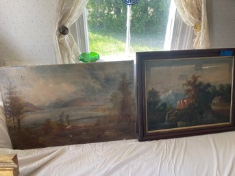 2 Antique Oil On Canvas Paintings Log Cabin Scene And Boats On Lake