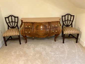 3C French Style Bombe Marble Top Chest And Two Chairs