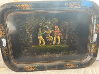 Large Antique Tole Stenciled Tray Children At Swing 28' L