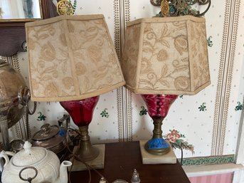 Pair Of Antique Cranberry Glass Lamps