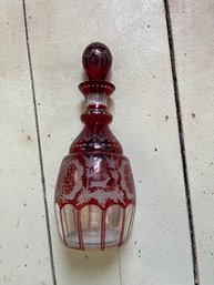 Cut To Clear Antique Bohemian Cranberry Glass Brandy Decanter