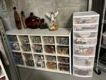 BF Two Shelves Full Of Packed Christmas Ornaments And Decor H