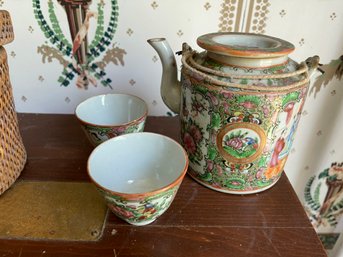 Antique Famille Rose Tea For Two Set In Wicker Basket