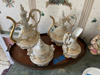 Porcelain Tea Set And Wooden Oval Tray