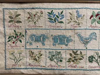 Vintage Cross Stitch Sampler With Herbs And Animals