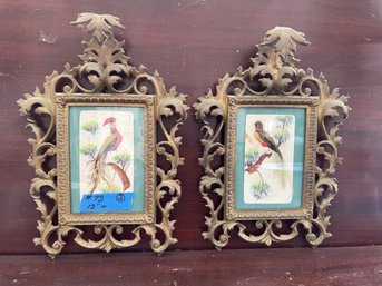 Pair Of Matching Sprayed Gold Cast Iron Victorian Picture Frames W Bird Art