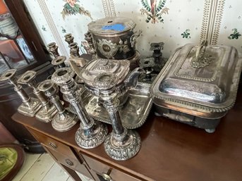 Large Lot Of Antique Silver Plate Candle Holders Etc