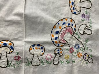 Funky Vintage Hand Embroidered Table Cloth Covering With Mushroom Design