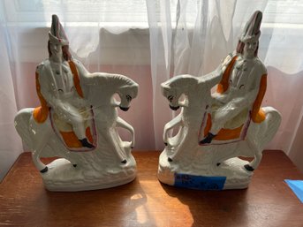 Pair Of Antique Staffordshire Mounted Soldier Figurines