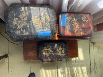 3 Antique Wooden Asian Lacquer Boxes W Contents