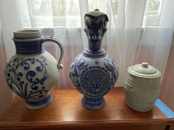 3 Piece Of Antique Blue Salt Glaze Stoneware