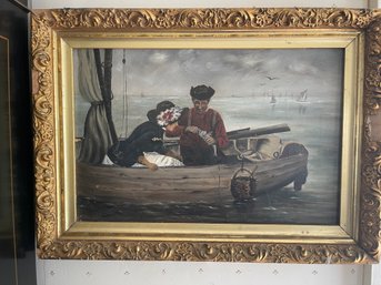 Rare Antique Oil Painting Grandma And Granddaughter Go Fishing