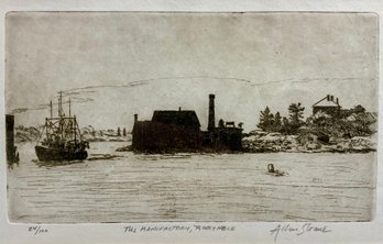 Allen Sloane Or Sloan Pencil Signed Etching Gloucester Scene Titled The Manufactory Rocky Neck