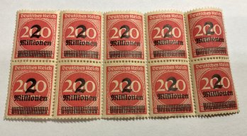 Weimar Republic Deutsches Reich German 1920s Stamp Block Of Ten 2 Millionen Over 200 Mark Red German