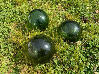 Three Antique Hand Blown Glass Fishing Floats Olive Green Made In England FCG Patent Pending