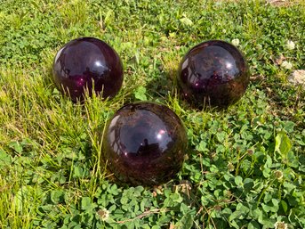 Three Antique Purple Glass Fishing Floats Hand Blown With Pontils