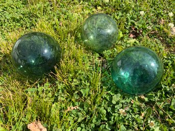 Three Antique Aqua Glass Hand Blown Fishing Floats PCF