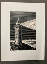 Vintage Original Art Scratchboard Lighthouse By N Munroe