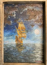 Nader Tahini Oil On Board Of A Moonlit Barque Sailing Ship 2013